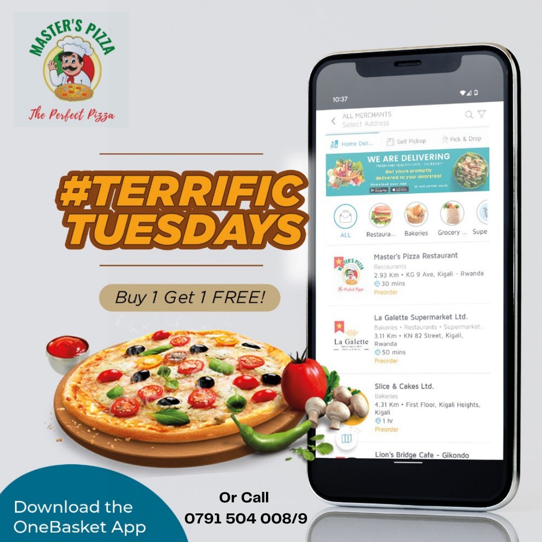 OneBasketApp's tweet photo. Be kind. Delight your friends with some #RandomActsofKindness, celebrated globally today. Simply order in your Buy1-Get1 free pizza from @Master @MastersPizzaRw and get enough slices to share! #KindnessMatters #TerrificTuesdays #RwOT https://t.co/NSZKZg7n5P