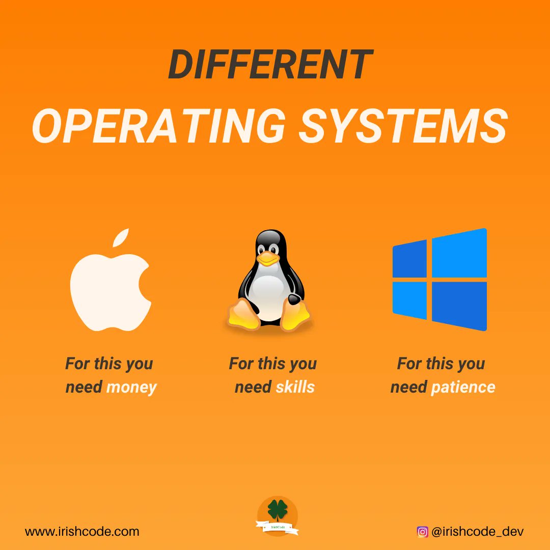 irishcode_dev's tweet image. Which one is your favourite? 🧡
Double tap if this post made you laugh!
🔃 Original post: @theindiandev
Follow @irishcode_dev for more updates, insights and memes! 🍀
#apple #linux #windows #linuxvswindows #linuxjokes #applejokes #linuxfan #softwareengineer #programmingmemes