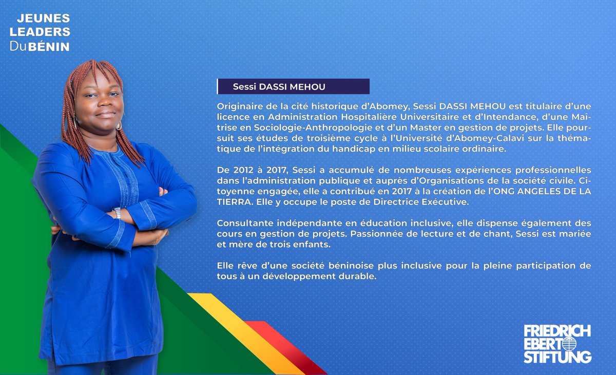 Encore quelques heures pour l'envoie de votre candidature pour le compte du programme #JLB2022. Postulez maintenant 👉benin.fes.de/e/appel-a-cand…
Originaire d’Abomey, <a href="/DassiMehou/">Sessi DASSI MEHOU</a> est socio-anthropologue et titulaire d’un Master en gestion de projets...Suite👇