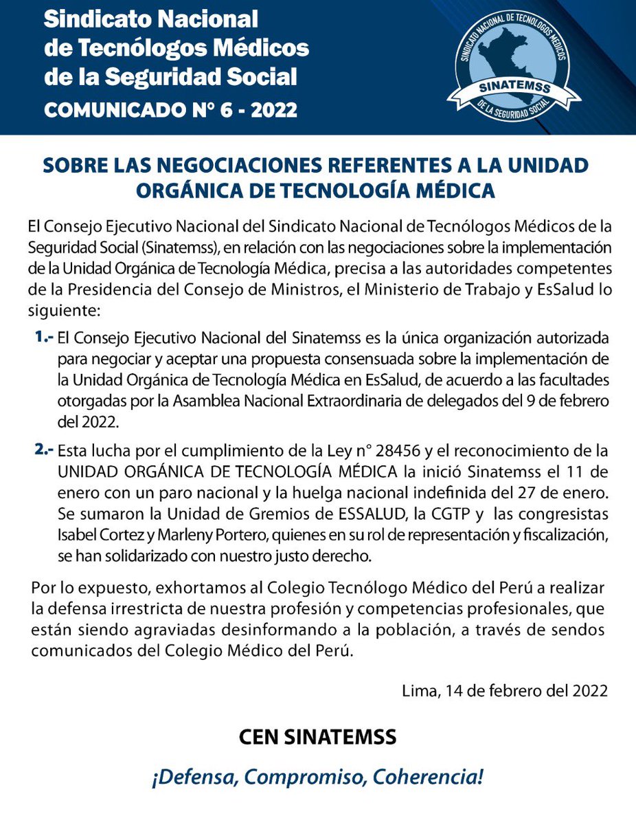 SinatemssPeru's tweet photo. Nuestro agradecimiento a las congresistas @chabelitacongre y @marleny_portero quienes hacen respetar el estado de derecho y exigen el cumplimiento de la Ley 28457, Ley del Tecnólogo Médico. #UnidadOrganicaTecnologiaMedica AHORA!!! @BetssyChavez @anibaltorresv @PedroCastilloTe https://t.co/QVfE5WtvTG