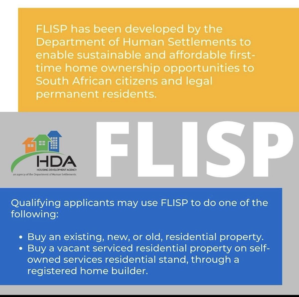 GP_DHS's tweet image. Qualifying applicants may use FLISP to do one of the following:

- Buy an existing, new, or old, residential property.
- Buy a vacant serviced residential property on self-owned services residential stand, through a registered home builder.

#FLISP #HousingTheNation