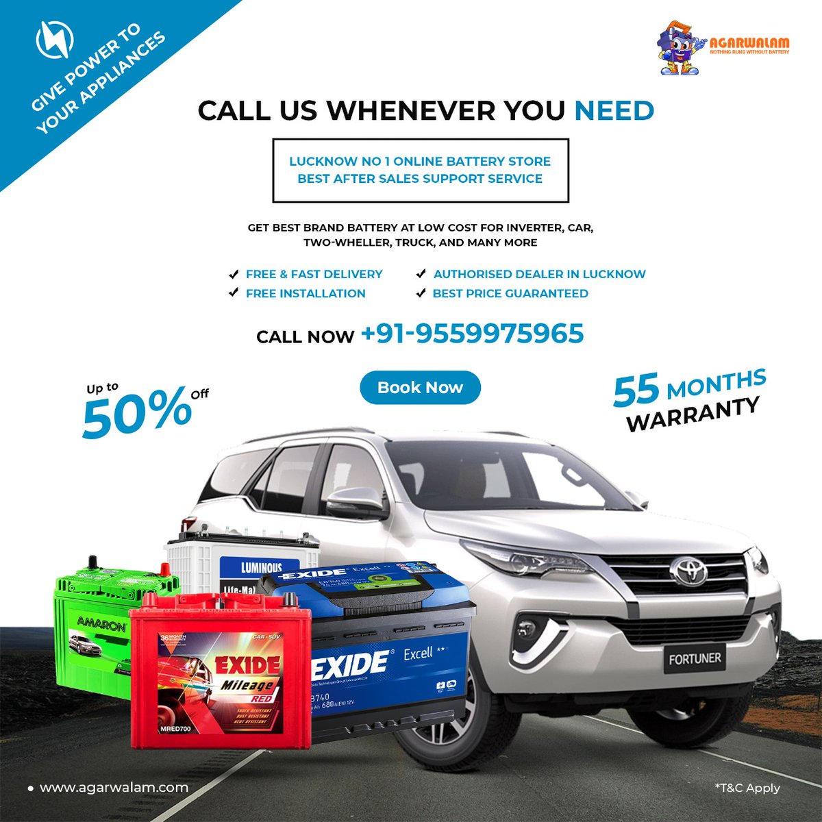 Buy any type of battery to know more about an offer, call on 9559975965
We are delivering the best car battery in Lucknow with free delivery and installation
Grab battery and it shall be at your doors within no time
#battery #ExideBikeBattery #ExideCarBattery #exidebattery #etc