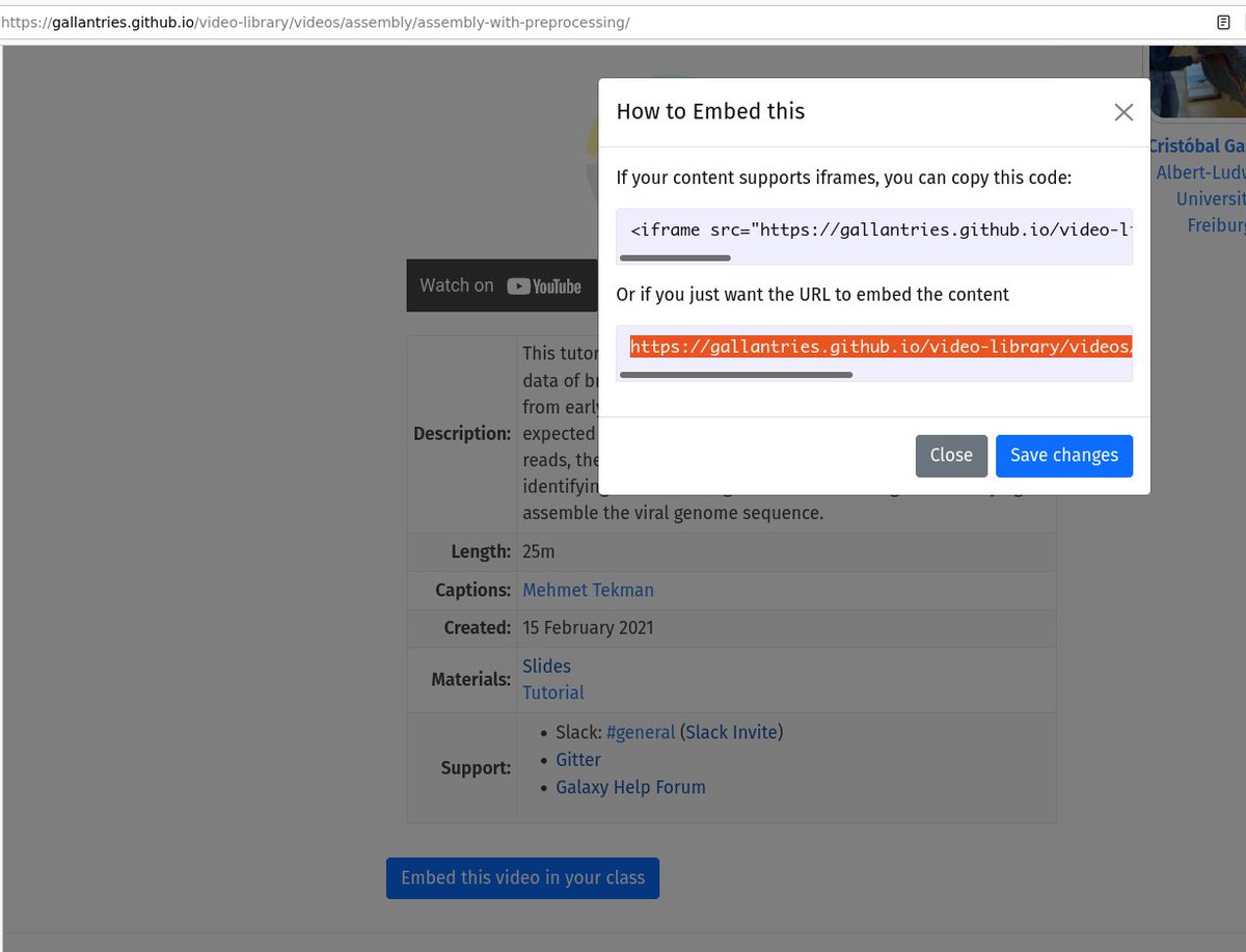In support of GTN Tapas with @gxytraining, @hexylena added support for embedding videos from the Library! We saw teachers using the videos to supplement their classes, now it's easier than ever! Every video page has an Embed button with instructions, just add it to your platform!