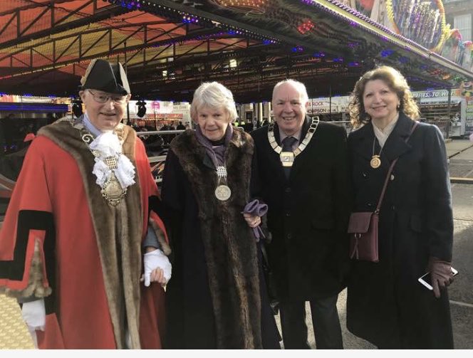 BreckChairman's tweet photo. All the fun of the fair was had by all. Thanks to the Mayor of King’s Lynn for the civic invites and thanks to the #showmansguild for their generous invite to all to join them for the lovely buffet. It made Karen’s birthday very special! #Breckland https://t.co/cZQGZSFq5r