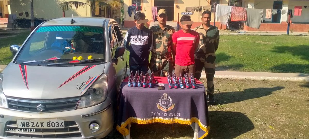 BSF_SOUTHBENGAL's tweet image. 14 Feb&apos; 2022
Alert troops @BSF_SOUTHBENGAL in different incidents seized 1139 Phensedyl bottles worth Rs.2,12,594/- and apprehended two smuggler with 60 Phensedyl bottles  concealed in the dashboard of their Car. 
#FirstLineOfDefence
#JaiHind