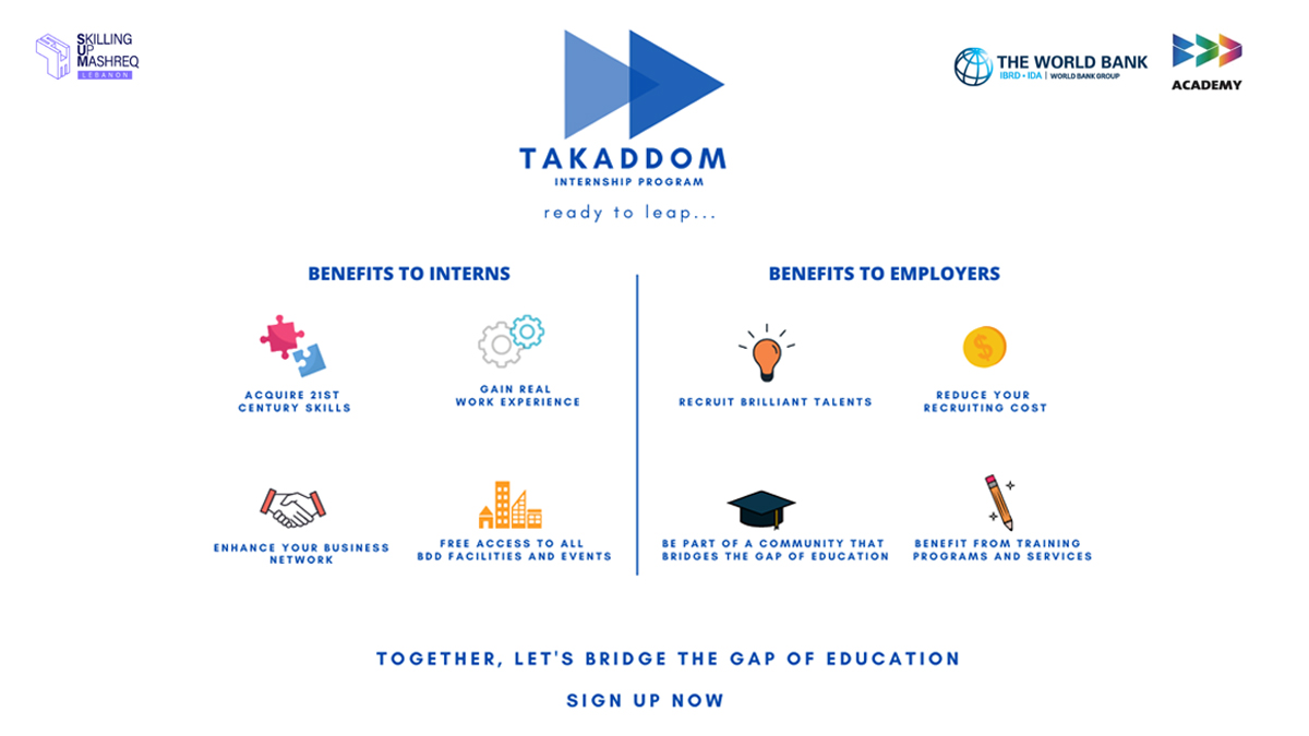 BeirutDigitalD's tweet photo. #BDDAcademy in partnership with @WorldBankMENA is proud to announce the #Takaddom Internship Program. The program includes a 2–3 month work experience at a reputable company to allow interns to gain a realistic perspective of the working world 💼🌎 https://t.co/cLwBVg5mkn