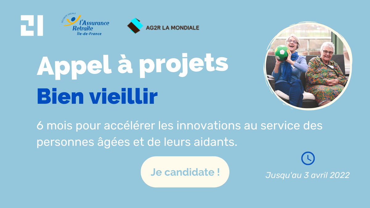 [#AppelAProjet] 📢  Porteurs de projets d'#innovation au service du #BienVieillir, vous avez jusqu'au 3 avril pour candidater auprès de l'accélérateur <a href="/21CroixRouge/">21 | Croix-Rouge française</a> afin de bénéficier d'un accompagnement de 6 mois👉bit.ly/3HNNVYA
#startup #startups #asso #ESS