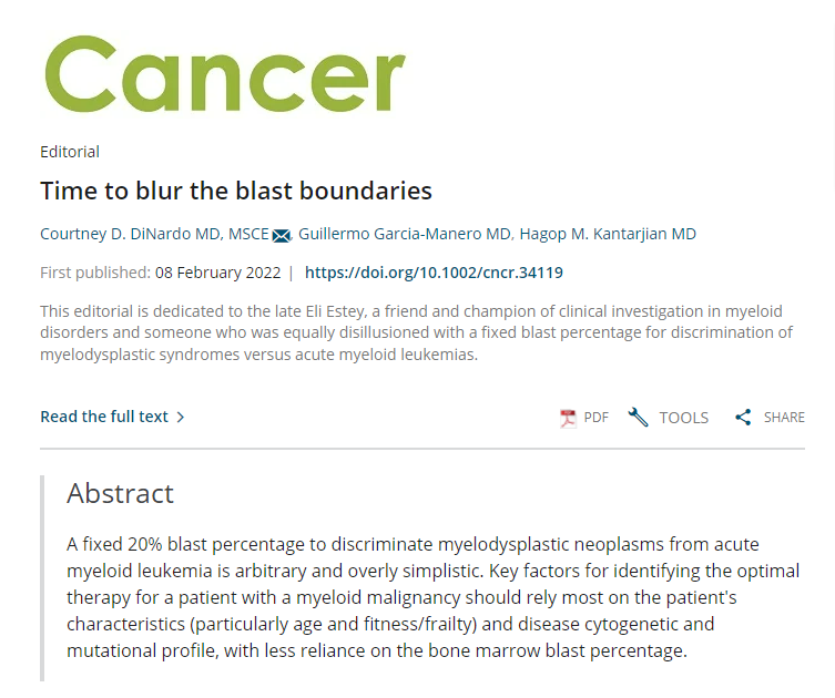 Hagop Kantarjian,MD (@drhkantarjian) on Twitter photo A fixed blast % to discriminate #MDS from #AML is overly simplistic. Patient characteristics and genomics are key factors to identify optimal therapy.
Time to Blur the Blast Boundaries
Courtney DiNardo MD, <a href="/garciamanero/">G Garcia-Manero</a>, <a href="/DrHKantarjian/">Hagop Kantarjian,MD</a>
pubmed.ncbi.nlm.nih.gov/35133004/
<a href="/MDAndersonNews/">MD Anderson Cancer Center</a> A fixed blast % to discriminate #MDS from #AML is overly simplistic. Patient characteristics and genomics are key factors to identify optimal therapy.
Time to Blur the Blast Boundaries
Courtney DiNardo MD, <a href="/garciamanero/">G Garcia-Manero</a>, <a href="/DrHKantarjian/">Hagop Kantarjian,MD</a>
pubmed.ncbi.nlm.nih.gov/35133004/
<a href="/MDAndersonNews/">MD Anderson Cancer Center</a>