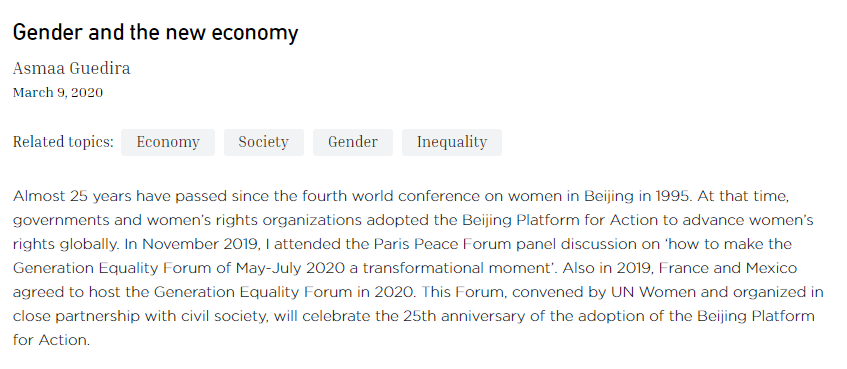 ADEL_PCNS's tweet photo. In Nov 2019, ADEL alum Asmaa Guedira @asgued was invited to attend the Paris Peace Forum w/ @PolicyCenterNS 

According to the panel on #Gender &amp; the new economy "the major challenges for the advancement of ♀️’s rights are 💲 &amp; financing the transf."

🔗https://t.co/8ORXxD7gZn https://t.co/ZyyttZ67AO