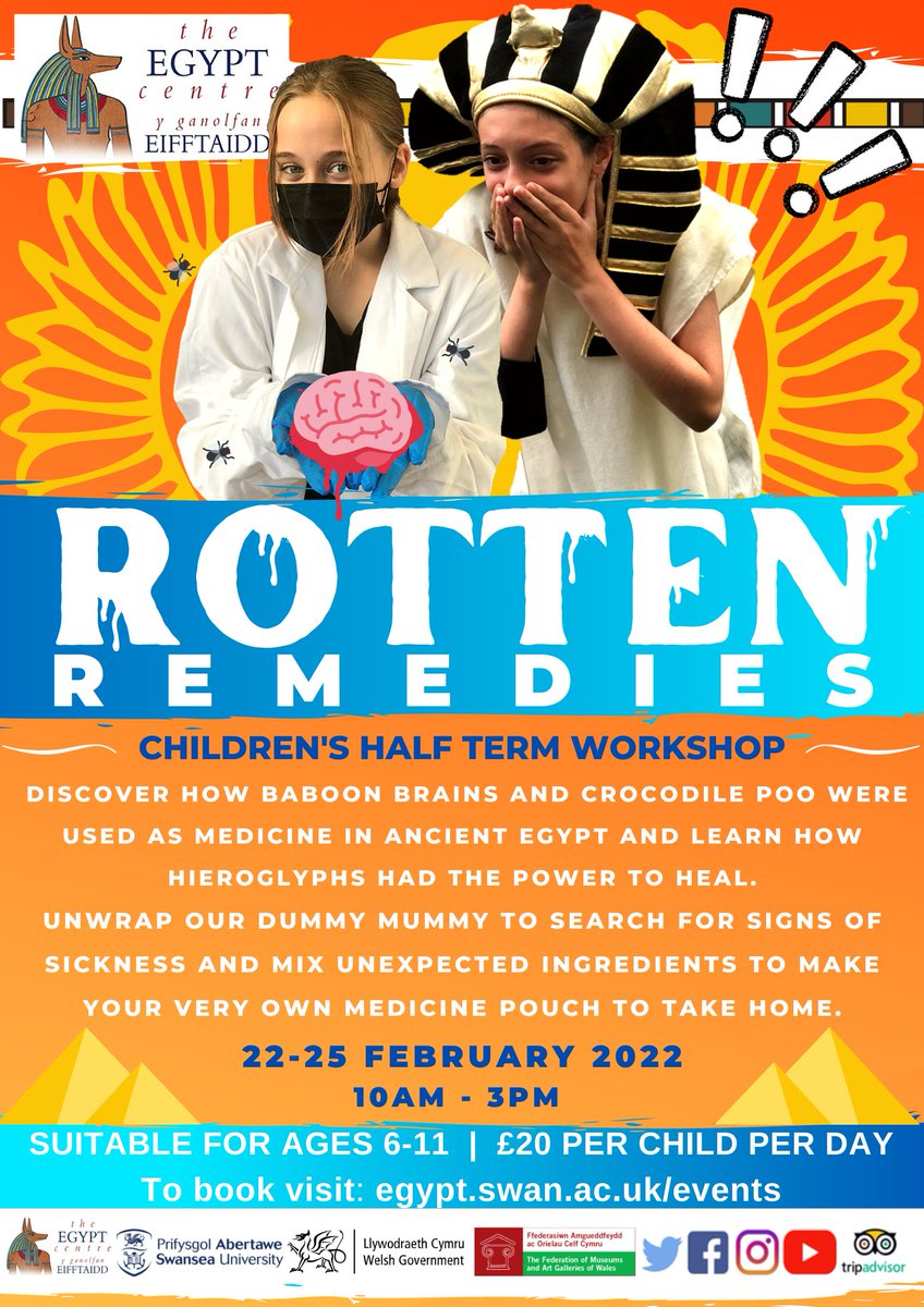 SwanUni_Careers's tweet photo. ❗ ROTTEN REMEDIES CHILDREN'S HALF TERM WORKSHOP ❗
Discover how baboon brain and crocodile poo were used as medicine in Ancient Egypt and learn how hieroglyphs had the power to heal.

22nd - 25th February, 10am - 3pm, sign up here: https://t.co/sOVuScnjeR https://t.co/u1lGuABkDb
