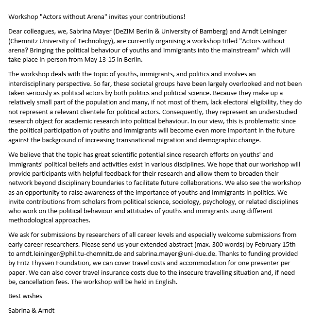 📣Letzte Chance für zwei Dinge, deren Deadline heute endet.

🟩PostDoc/AkadRat a.Z. bei mir in Bamberg ab April [Deadline wurde verlängert] bit.ly/3oRzzid

🟩Call for contributions für den Workshop "Actors without Arena" in Berlin gemeinsam mit  <a href="/a_leininger/">Arndt Leininger</a>