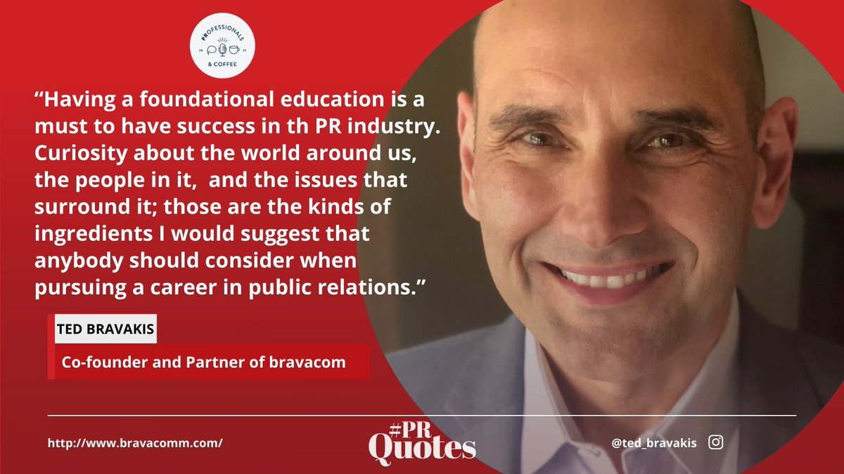 PRandCoffee's tweet photo. For Tuesday’s #PRquotes, we bring you a helpful piece of advice that Ted Bravakis, co-founder and partner of bravacomm, said during a #coffeechat with @PRandCoffee.
.
.
#prtoronto #prpros #publicrelations #torontopublicrelations #nonprofit #professionalsandcoffee #prconsultancy https://t.co/bBi6TLYVj2