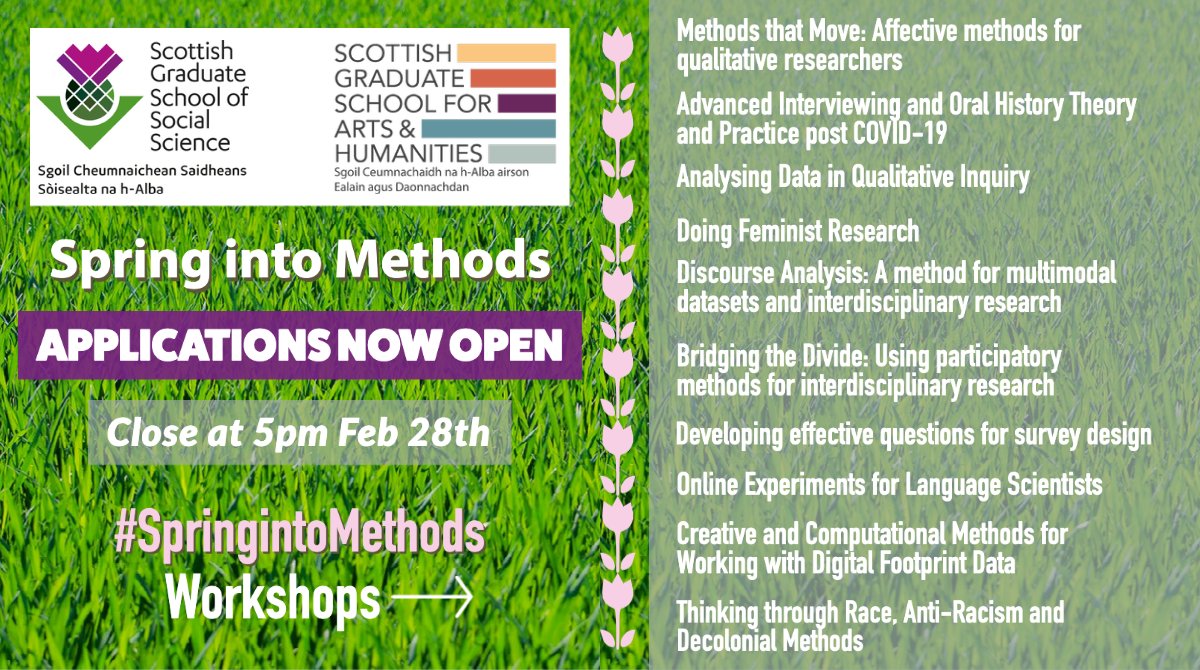 🟢Spring into Methods 2022 - Applications Now Open!!🟢

In collaboration with <a href="/sgsah/">SGSAH</a> we have commissioned a huge range of high quality workshops, running 11 April - 27 May.

Find out more about the workshops here 👉social.sgsss.ac.uk/spring-into-me…

Applications close Monday 28 Feb, 5pm