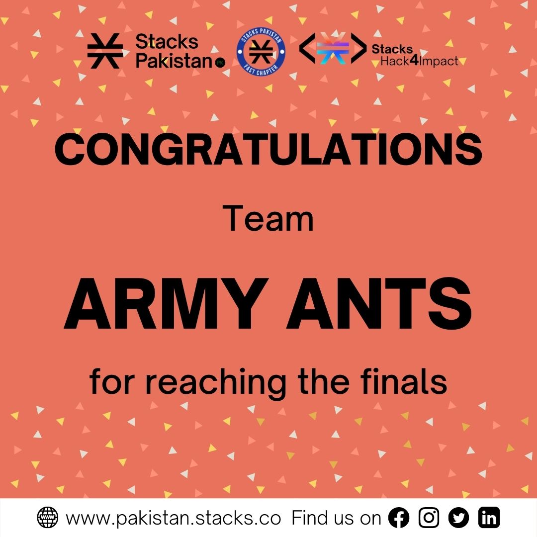 StacksFast's tweet photo. Team Army Ants - Amin have made their mark with their coding and enthusiasm. 

The team showed dedication and hard work to land among the top ten teams of the Hack4Impact 3.0 general category.

#StacksPakistan #StacksFASTChapter #OwnYourInternet  #StacksXPLORE #StacksHack4Impact https://t.co/Ugl4gzCtjx