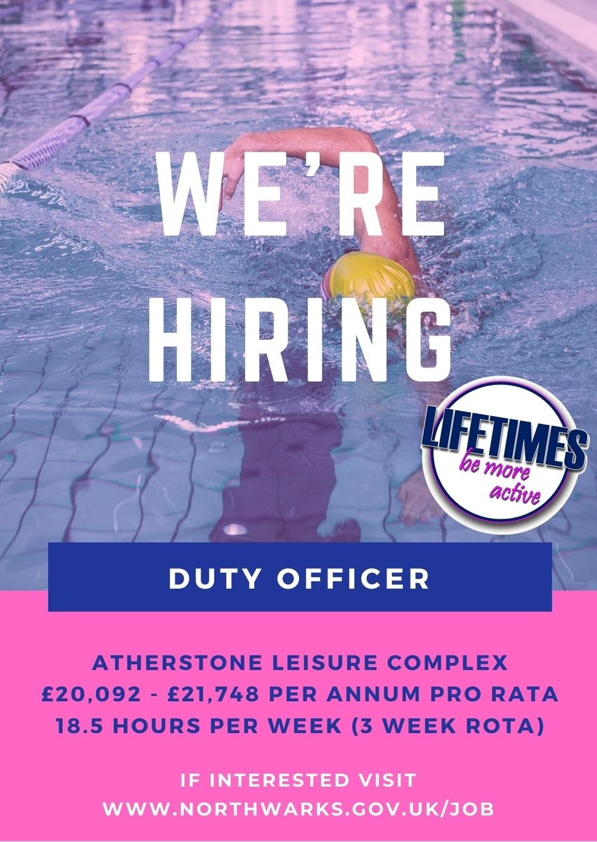 AtherstoneLC's tweet photo. JOB VACANCY

Duty Officer - Atherstone Leisure Complex

£20,092 - £21,748 per annum pro rata

18.5 Hours per week (3 week rota)

Apply online 💻 https://t.co/m8cNJ3YVMq 

#ALC https://t.co/LS3H1Sijgd