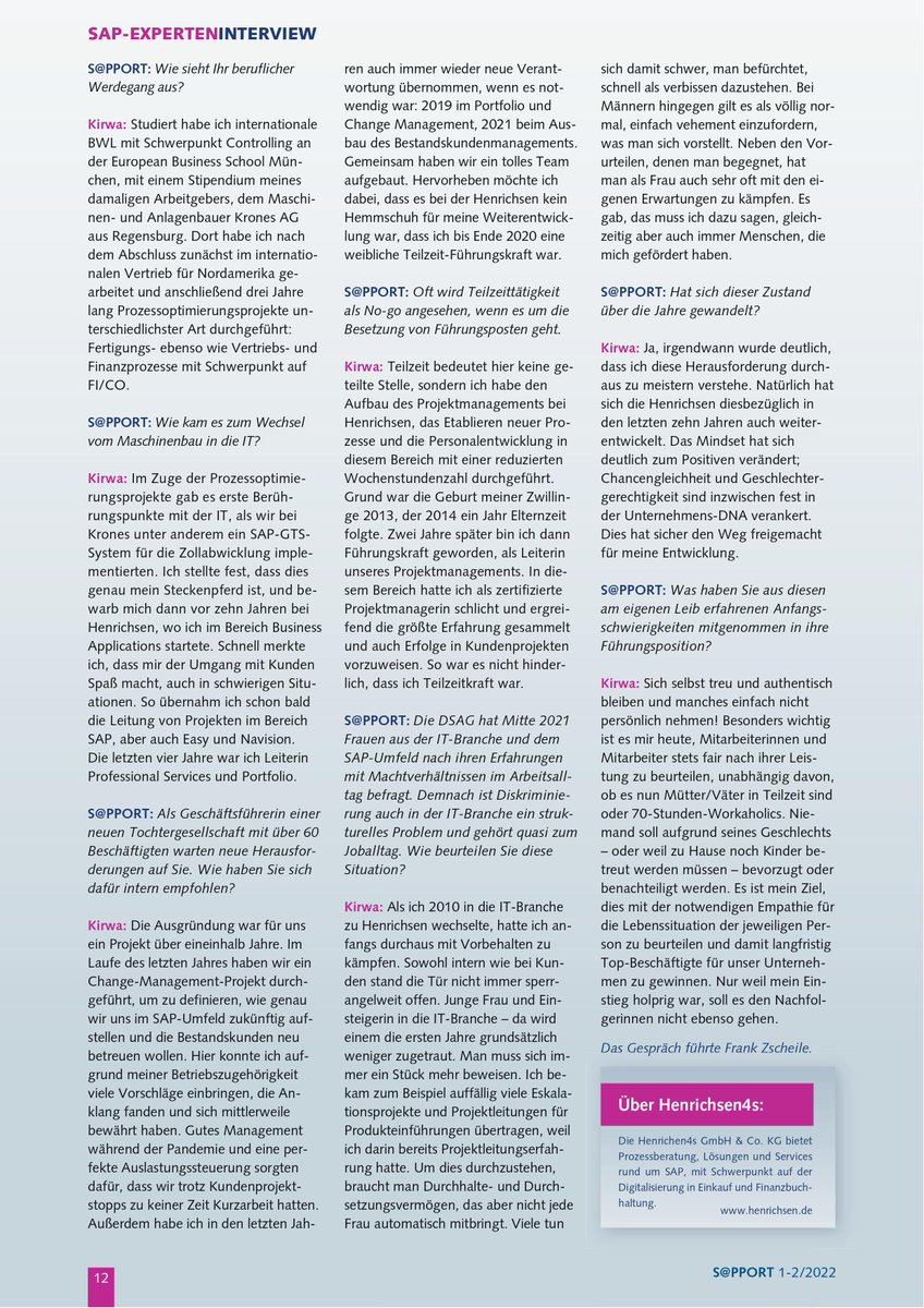 Schon entdeckt? 🤓 In der aktuellen SAPPORT Ausgabe spricht Beate Kirwa unter anderem über unsere Ausgründung der HENRICHSEN4s GmbH &amp; Co. KG und ihre Erfahrungen als Frau in Führungsposition in der IT-Branche.

#SAP #Digitalisierung #womenintech