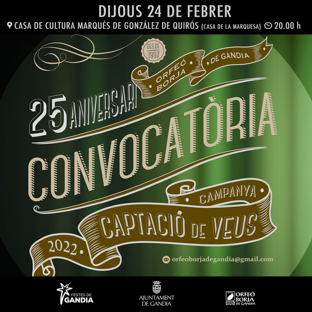 Si te gusta cantar y te gustaría probar en un coro, lo tienes fácil, acude a la cita. Día 24 de febrero, a las 20:00 hrs. Casa de la Marquesa de Gandia
