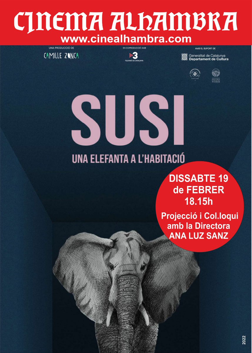 Dissabte a les 18.15h 📽🐘🎤
SUSI, UNA ELEFANTA A L'HABITACIÓ 💕
Un #Documental més que recomanable!
I amb la presència de la #Directora ANA LUZ SANZ 🎬
<a href="/ZOOXXIproject/">ZOOXXI</a> #Susi #Elefanta #Zoo 
#CULTURA ❤