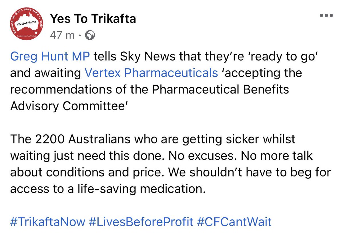 Australian Health Minister: “we are ready to go”, <a href="/VertexPharma/">Vertex Pharmaceuticals</a> just have to accept the PBAC recommendations and 2200 #cysticfibrosis patients will have a brighter future. Time for Vertex to stop holding sick patients to ransom &amp; let them breathe. #GlobalCFFamily #Trikafta4All