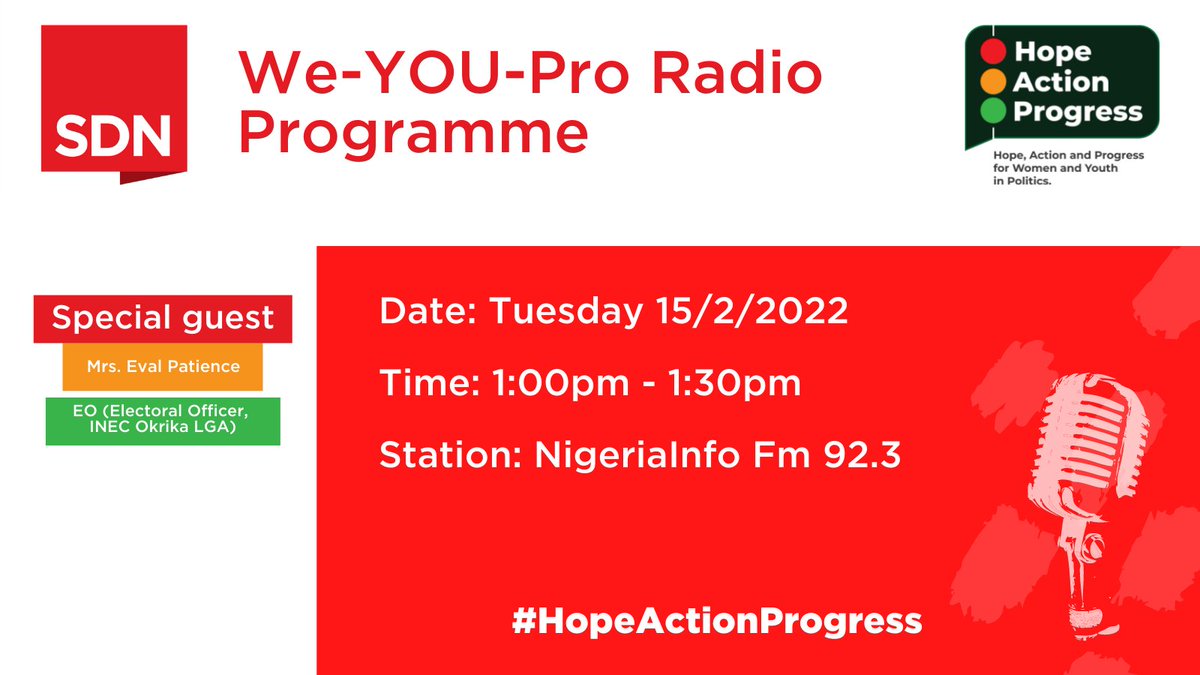 SDNNigerDelta's tweet photo. Tune into @NigeriaInfoPH at 1:00pm-1:30pm for the #WeYOUProRadioProgramme.
Guest: Mrs Eval Patience, (Electoral officer INEC Okrika).
Topic: New polling units in Okrika Local Government Area of Rivers State.
Join the conversation.
#HopeActionProgress #WeYOUPro https://t.co/Qyqu4AgIGt
