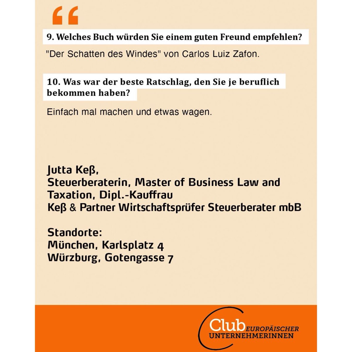 CeU-Unternehmerinnen stellen sich vor!“ Heute mit Jutta Keß, Steuerberaterin, Master of Business Law and Taxation, Dipl. Kauffrau Keß &amp; Partner Wirtschaftsprüfer Steuerberater #ceu