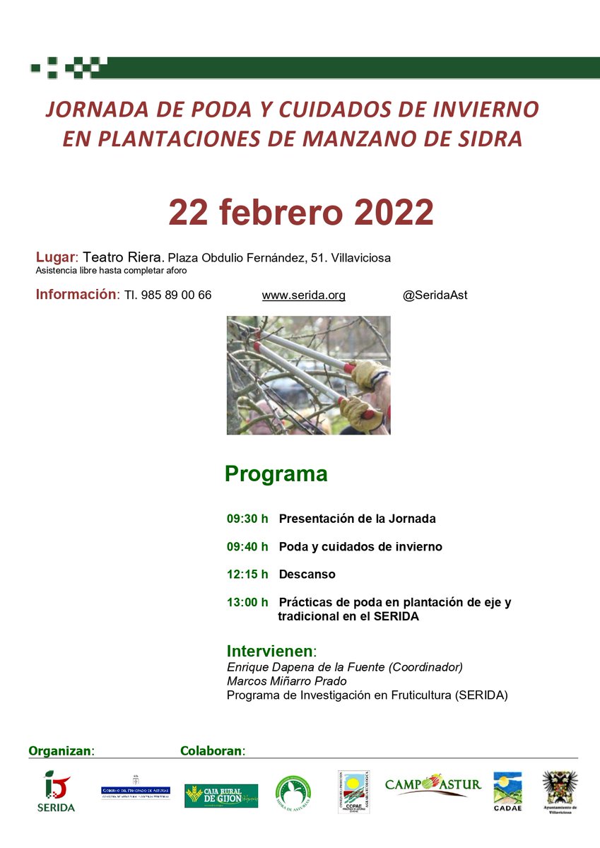 SeridaAst's tweet photo. ¿Interesado en mejorar tu pomarada? 
📢Jornada de poda y cuidados de invierno en plantaciones de #manzano de #sidra 🍎🍏
🗓️ Martes 22 de febrero
🕤 9,30 h.
🏦 Teatro Riera de #Villaviciosa e instalaciones del #SERIDA
Más ℹ️ https://t.co/EYd0q0lNgS
@MRuralyCohesion https://t.co/1U7jGUuUk2