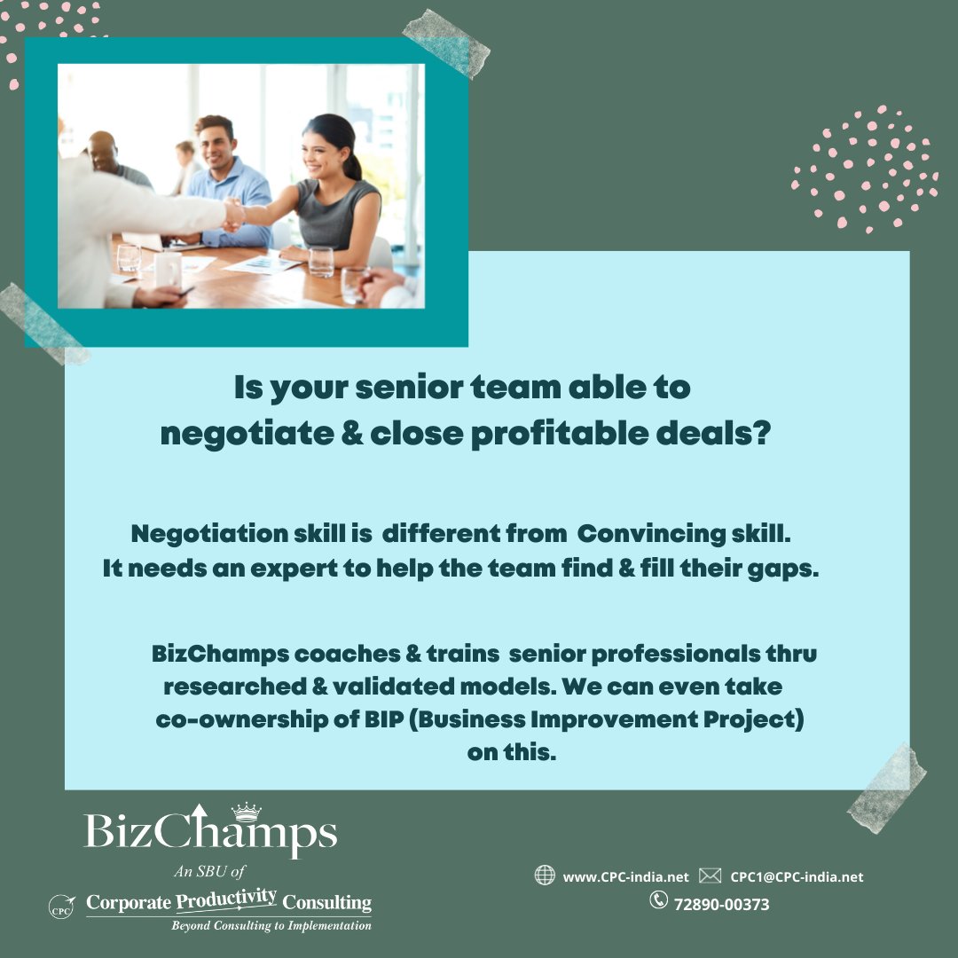 Many B2B organizations have just a few people to negotiate & close large orders. 
Our experts hv observed many CXOs doing blunders & not even realizing. 
Sharpening  #negotiation skill can make a huge difference to  company’s bottom line. 
What do u say?
#Sales #NegotiationSkill
