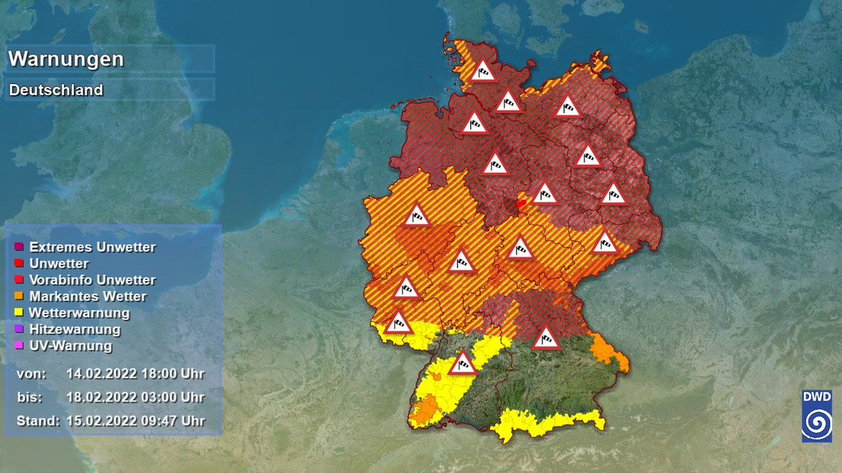 Deutschlandkarte mit allen Warnungen vom 14.02.2022 09:47 Uhr