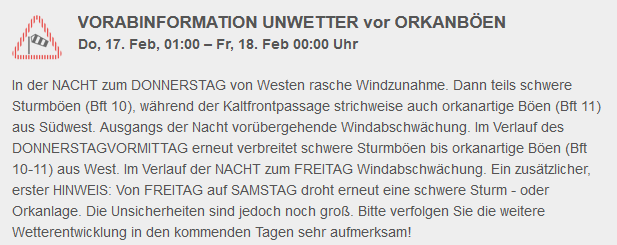 Screenshot der Vorabinformation zum Sturm/Orkan am Donnerstag (17.02.2022)