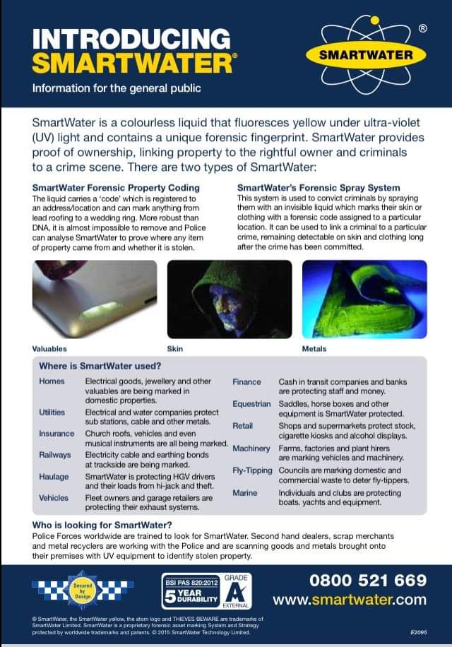 Neighbo57332119's tweet photo. @RedditchCops @SuptMel May I leave these here for anyone that might like to learn more about the #Smartwater forensic marking its a great deterrent for putting criminals out of business @WeDontBuyCrime #ProblemSolvingSolutions 
 #93015 
Video Link👇
https://t.co/wP0ev1aHk9 https://t.co/F3HKK8Nw8G