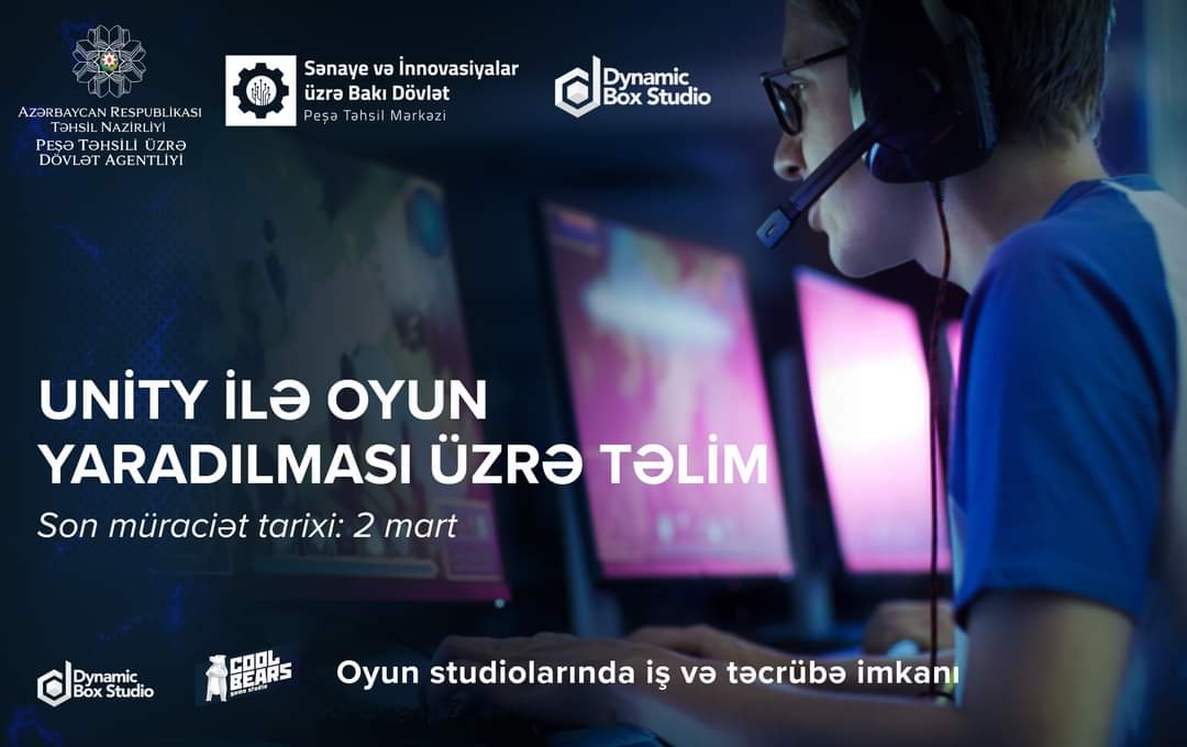 Sənaye və İnnovasiyalar üzrə Bakı Dövlət Peşə Təhsil Mərkəzi Dynamic Box Studio  oyun tərtibat şirkəti ilə əməkdaşlıq çərçivəsində “Unity ilə Oyun Yaradılması” üzrə qısamüddətli təlimə ərizə qəbulu elan edir.
Müraciət linki:bit.ly/3gOwV8u