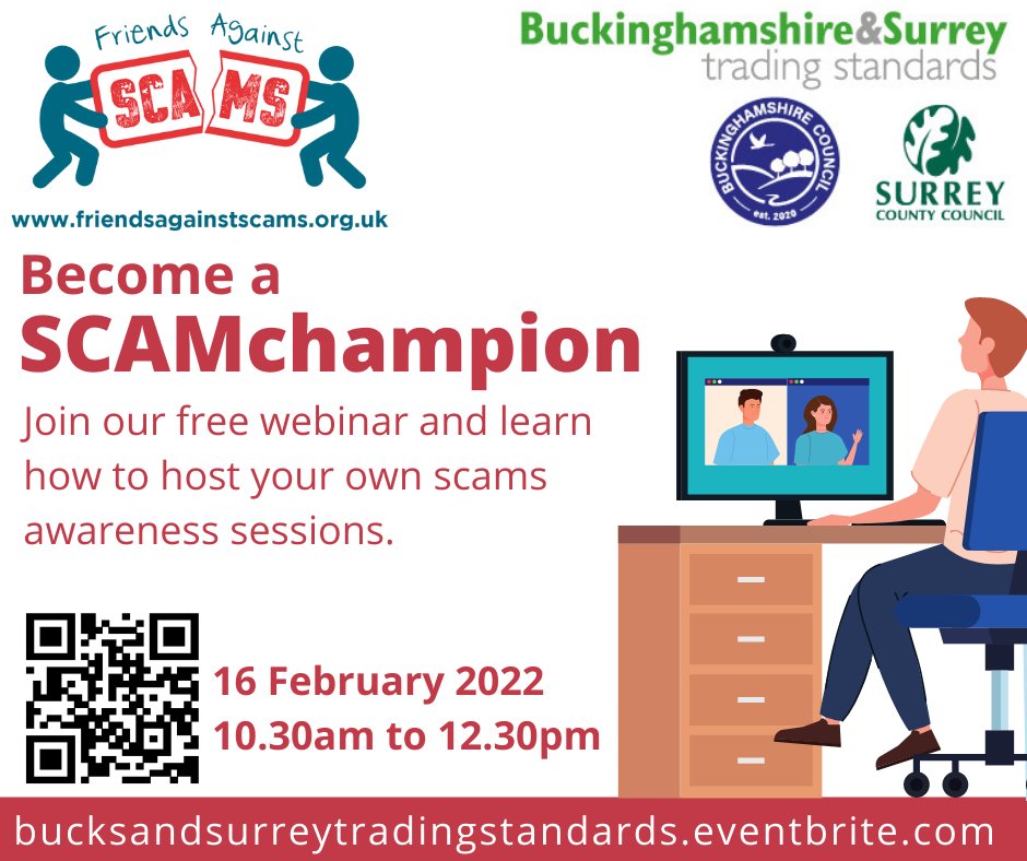 Bucks_SurreyTS's tweet photo. Book your place on tomorrow’s free #webinar to learn how to become a #SCAMchampion. 🏆👏

SCAMchampions help spread the #scamware message, by hosting awareness sessions to others.

Sign up via our Eventbrite: https://t.co/tkylBqMSp9 

#msteams #fraud #friendsagainstscams #free https://t.co/tzti8KR3gq