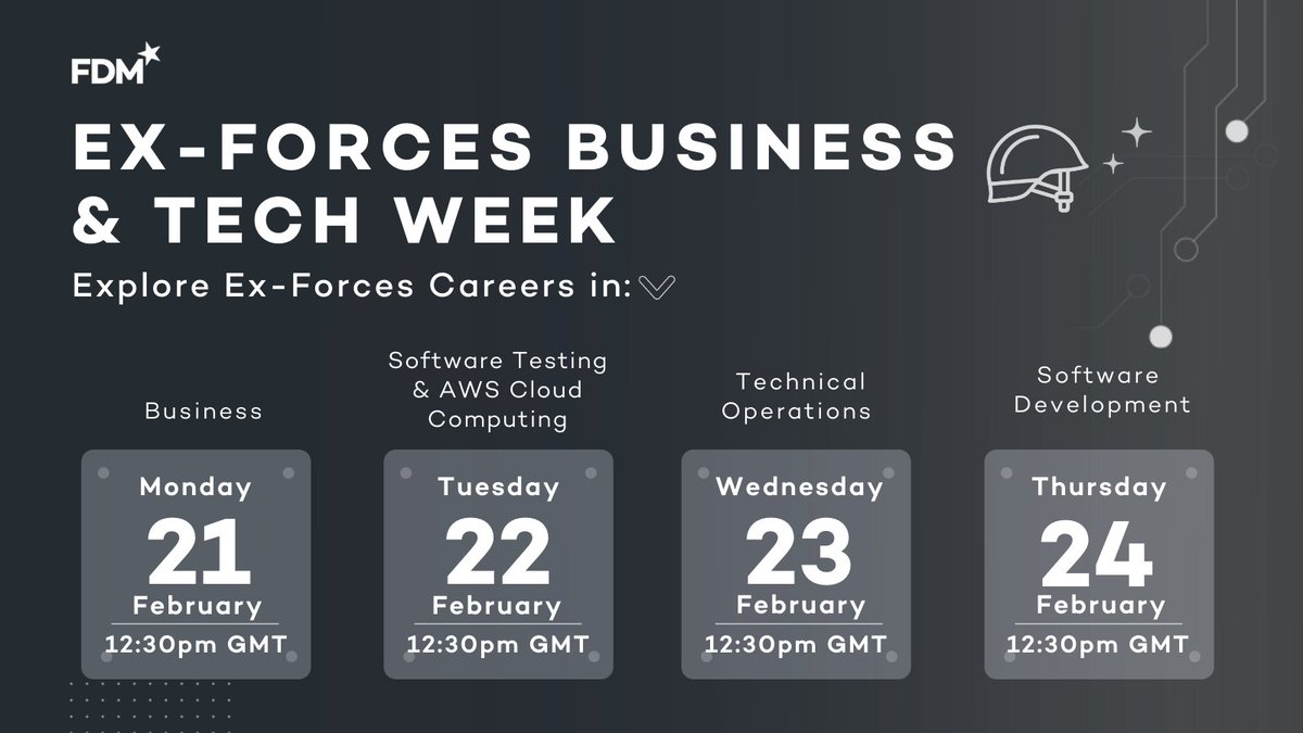 FDMGroup's tweet photo. Join our #ExForces Business & Tech Week to find out the different career pathways available to Junior Service Leavers, Veterans and Serving Reservists as part of our Ex-Forces Programme 🔍
Sign up to the events here: https://t.co/zbduxF9Dup
#FDMTechWeek #Civilian #Careers https://t.co/QRUwIbjtqV