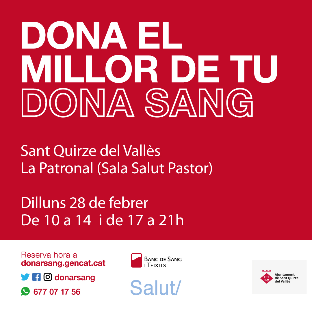 ajsantquirze's tweet photo. ❤️ Jornada de donació de sang a #SQV!

🗓️ Dilluns 28 de febrer
🕙 10 a 14 i 17 a 21 h
📍 Sala Salut Pastor de la Patronal

❗️ Cal reservar hora prèviament.

👍 Vine a @donarsang!

ℹ️👉 https://t.co/rYoUkZdofU

#ViuiFesViure #santquirzealcor https://t.co/ldd8mhPCon