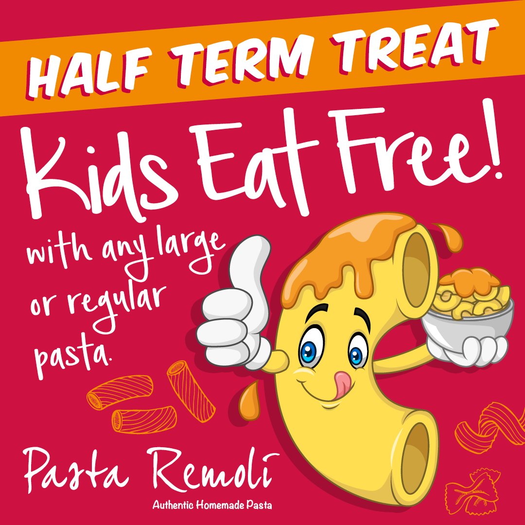 🤸🏼 HALF TERM TREAT 🤸🏻 KIDS EAT FOR FREE!! 🍝🍝🍝  
15th -20th  Feb . One free kids meal (pasta, soft drink, ice cream) with any regular or large pasta. Offer available at Ealing, Wembley and Finsbury Park branches ✌🏻#kidsoflondon #halfterm #londoneats