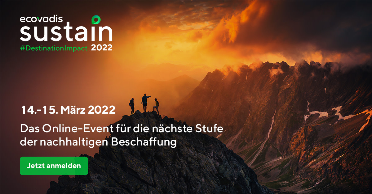 EcoVadisDE's tweet image. Verpassen Sie nicht unsere jährliche Hauptveranstaltung #Sustain2022. Unter dem Motto #DestinationImpact wird Sustain in diesem Jahr führende Stimmen und Vordenker*innen aus #Nachhaltigkeit und #Lieferkette zusammenbringen. Registrieren Sie sich kostenfrei ecovad.is/3EX7oUo