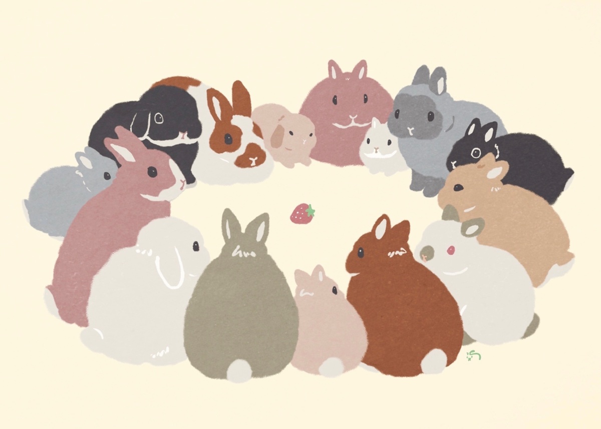 「15匹のうさぎに囲まれたイチゴ #いちごの日 」|大賀一五🐰のイラスト