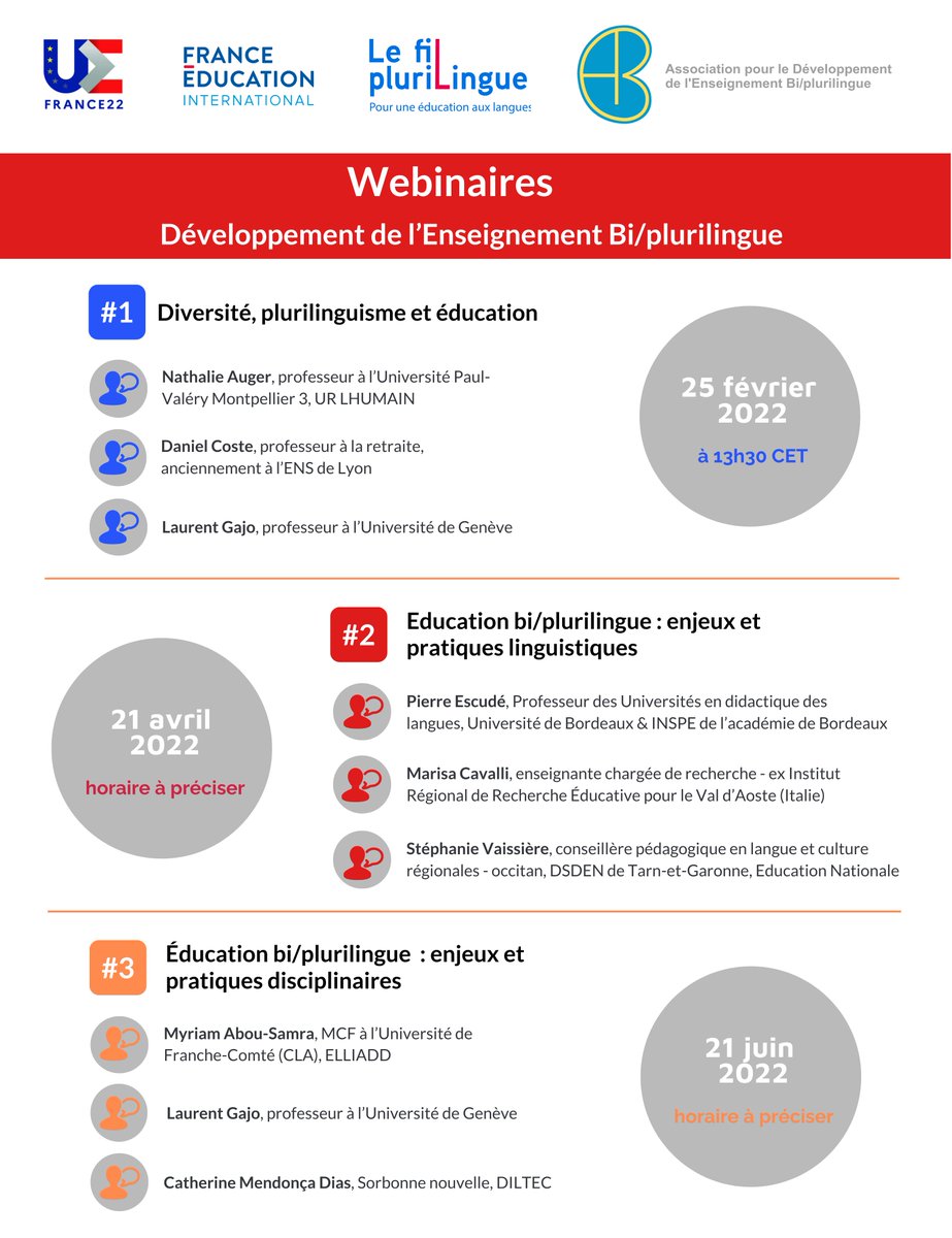 À vos agendas ! Dans le cadre de la #PFUE2022, le <a href="/FilPluri/">Le Fil plurilingue</a> organise les 25/02, 21/04 et 21/06, une série de webinaires en partenariat avec l’<a href="/AdebAssociation/">Association ADEB</a>  sur le thème du #plurilinguisme, qui donneront la parole à de grands spécialistes de l'enseignement bi-plurilingue.