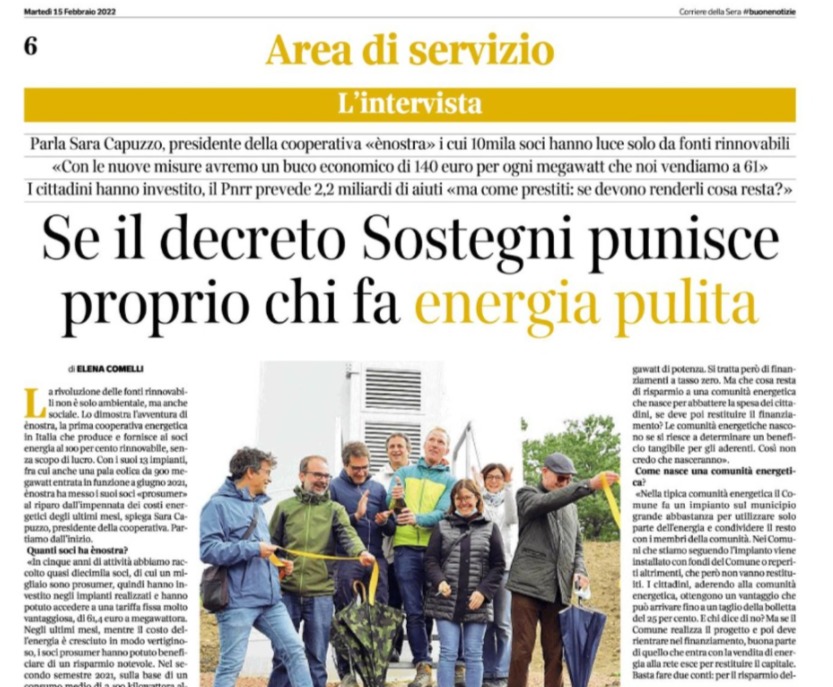 📌 Nel <a href="/CorriereBN/">CorriereBuoneNotizie</a> di oggi, 15 febbraio, troverete l'articolo "Se il decreto Sostegni punisce proprio chi fa energia pulita". La giornalista <a href="/elencomelli/">elena comelli (she/her) 🇪🇺🇺🇦🇮🇱🏳️‍🌈</a> ha intervistato <a href="/SaraCapuzzo/">sara.capuzzo</a>, presidente di <a href="/enostra/">ènostra</a>. 🗞️ Un articolo da leggere per intero (lo trovate a pagina 6). ✅