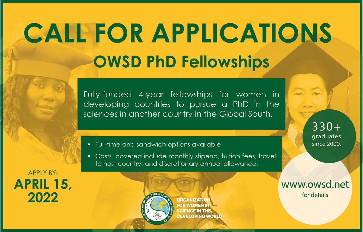 The Call for Applications for our 2022 PhD Fellowships is now OPEN! These fellowships support women from developing countries to pursue a PhD in another country in the Global South. Both full-time &amp; sandwich fellowships are offered. All details available @ owsd.net/career-develop…