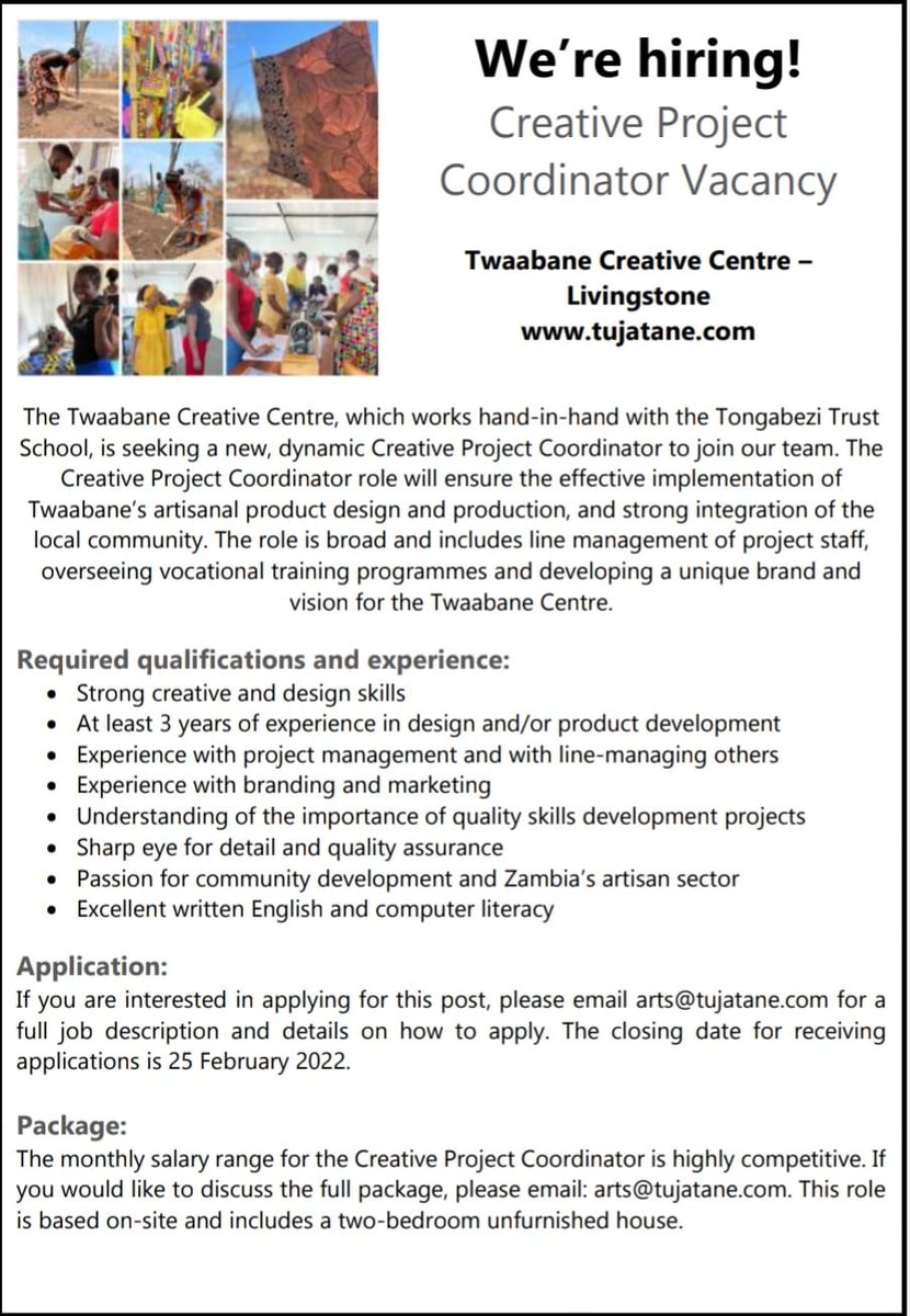 Interesting vacancy here in #Livingstone #Zambia for creative development practitioners or designers
#vacancy #job #employment #opportunity #creative #development #projectcoordinator