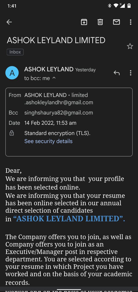 eng_spsingh1997's tweet photo. @ALIndiaOfficial 
It's a fake male or not plz provide me information because they asking money &amp; if it's a fake then company need to handle this because Ashok Leyland is reputed company &amp; this fake people creat a bad message towards company among people who don't have knowledge🙏 https://t.co/hqOolCVW9F
