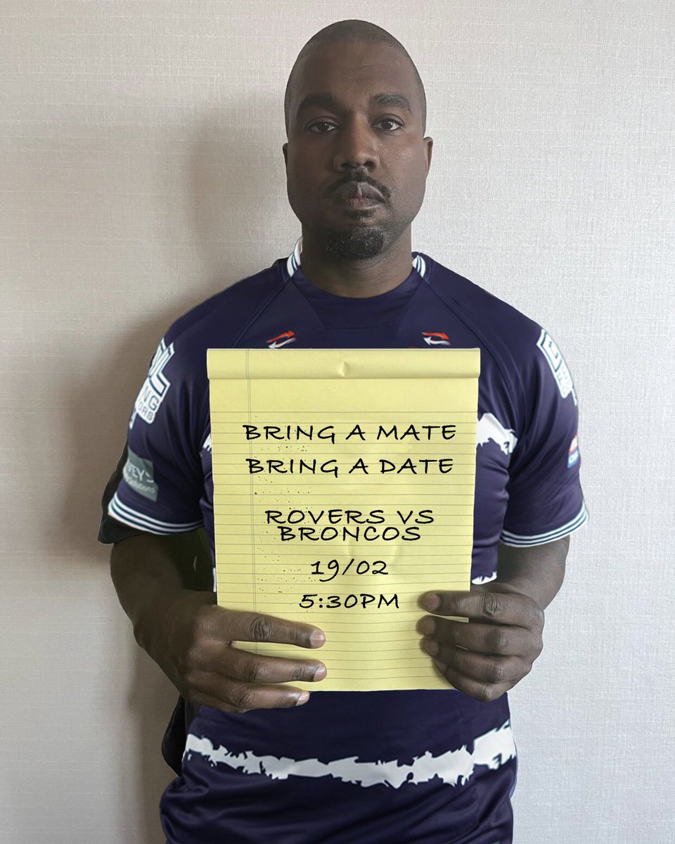 FevRoversRLFC's tweet photo. 📝 All @kanyewest needs now is a flatcap and he’s all ready to be a part of the Blue Wall!

Cement your place for this Saturday’s Championship clash against @LondonBroncosRL now! 

➡️ TICKETS: https://t.co/tRqGSvUSFT

#UTR | #BlueWall https://t.co/xgcgauR7iq