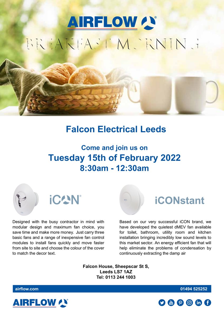 falcon_leeds's tweet photo. Come and join us for a spot of breakfast this morning and discover the iCON range of extractor fans from Airflow https://t.co/H0FdvKDFlm