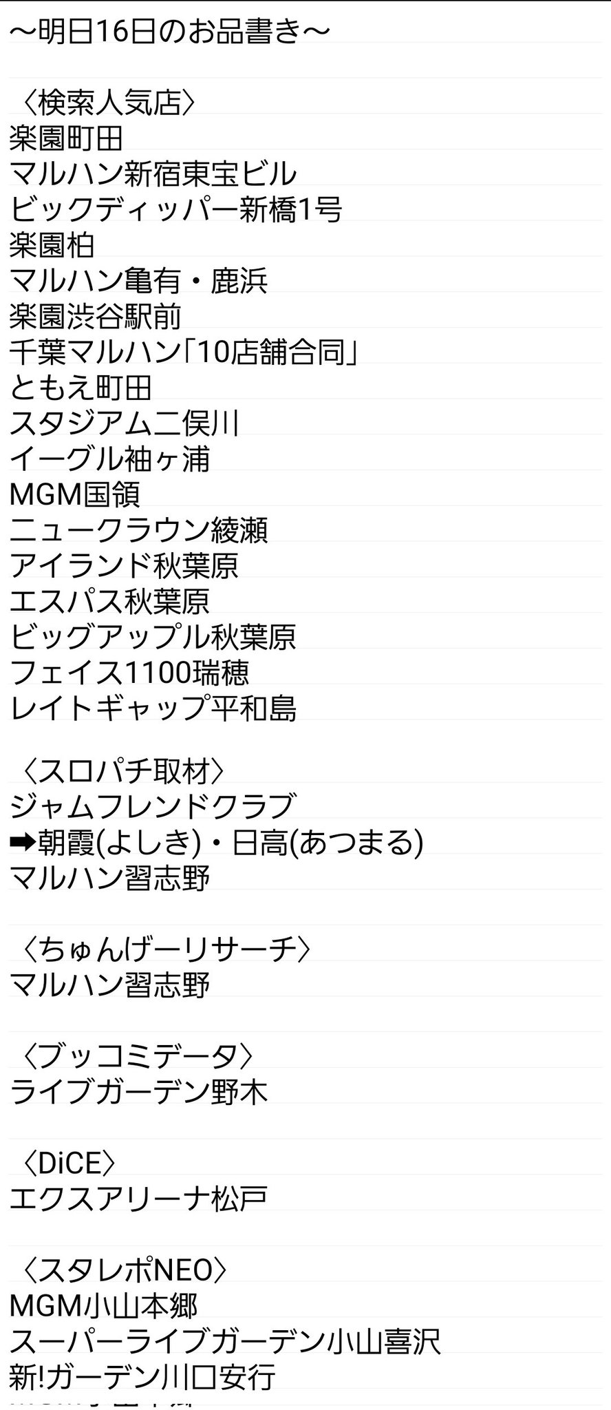 荻吉 スロ 明日16日のお品書き 検索人気店 楽園町田 マルハン新宿東宝ビル ビックディッパー新橋1号 楽園柏 マルハン亀有 鹿浜 楽園渋谷駅前 千葉マルハン 10店舗合同 ともえ町田 スタジアム二俣川 イーグル袖ヶ浦 Mgm国領 ニュークラウン綾瀬
