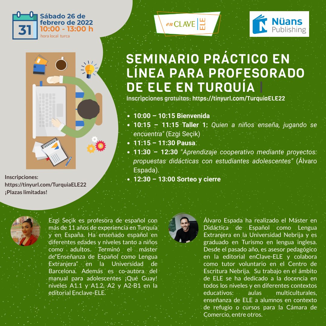 💻💡Seminario en línea gratuito dirigido al profesorado de ELE en Turquía
🤩 Con los talleres de <a href="/SecikEzgi/">ProfesoraEzgi</a> y nuestro compañero <a href="/Alvaroele1/">Alvaroebe</a> 
⏳Plazas limitadas. Inscripciones en el siguiente enlace: tinyurl.com/TurquiaELE22