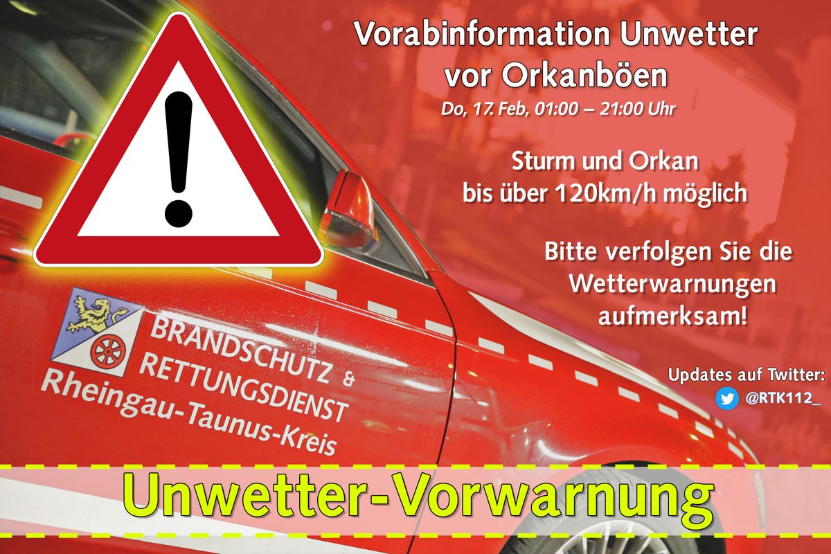⚠ Vorwarnung vor Orkanböen
Ab der Nacht zu Donnerstag kann es zu schweren Sturmböen oder sofgar Orkanböen kommen. Dies sit eine erste Vorwarnung. Verfolgen Sie die Unwetterwarnungen des <a href="/DWD_presse/">DWD</a> .