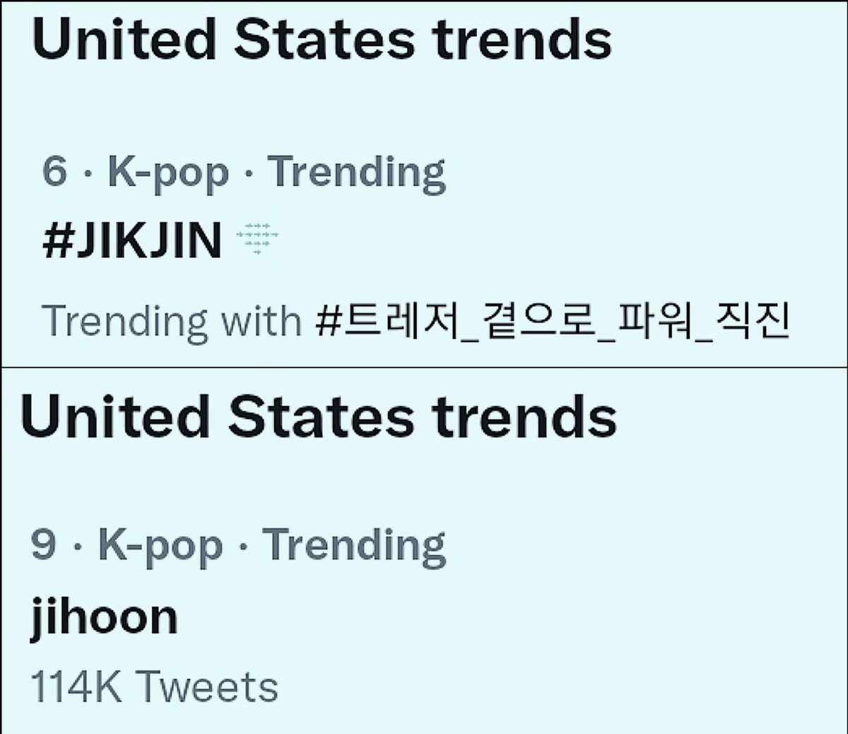 TUnion_USA's tweet photo. [🌎] Update 

#TREASURE is currently trending #6 under UNITED STATES Trends!

#JIHOON is currently trending #9!

Please continue to show Global support! 

WATCH JIKJIN MV
#JIKJIN_MV_OUT_NOW
#트레저_곁으로_파워_직진 
#TREASURE_JIKJIN 
@treasuremembers https://t.co/bZl90DipDr