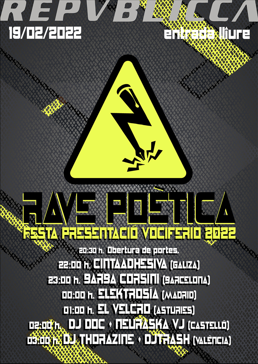 neuraska's tweet photo. Estarem en la RAVE POÈTICA el pròxim dissabte dia 19 de febrer - tot de gratis

#poesia #poesia #neuraska #jjdoc #ravepoetica #VALENCIA #valència https://t.co/hbJcTJ8tWt
