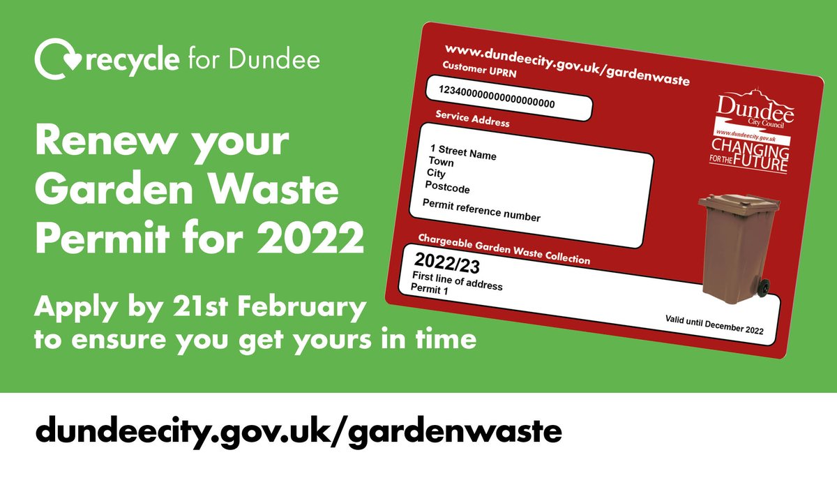 DundeeCouncil's tweet photo. Make sure you order your 2022 Garden Waste permit in time to receive all of the service's collections starting from next month.
Get your permit here: https://t.co/oe2La9GHCL
#RecycleForDundee https://t.co/8gN5SXVewP